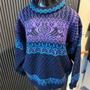 Vintage Dale Of Norway 100% Wool Fair Isle Nordic Sweater Navy Purple Teal SZ M